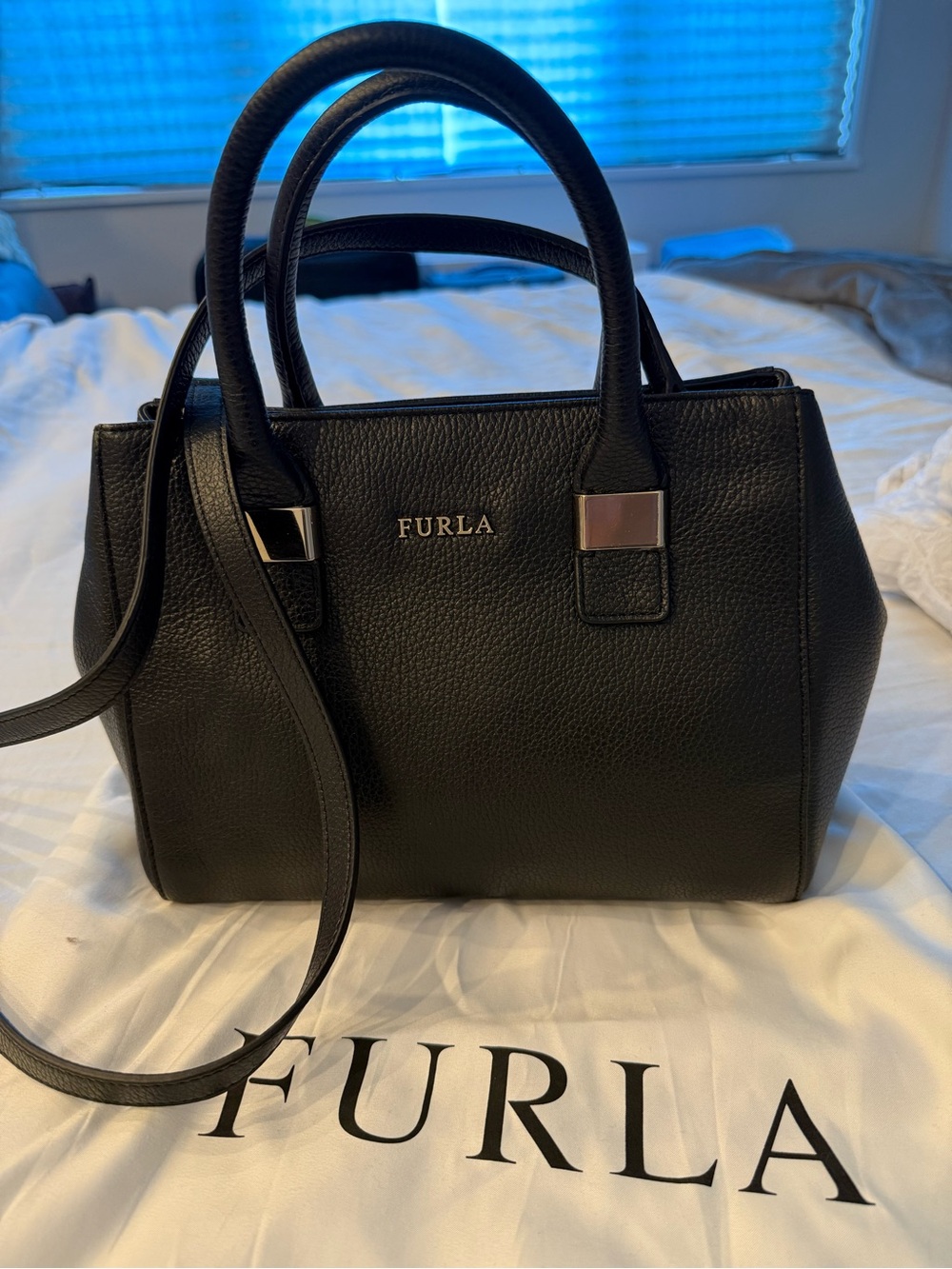 Furla Black Pebbled Leather Satchel with Gold Hardware
